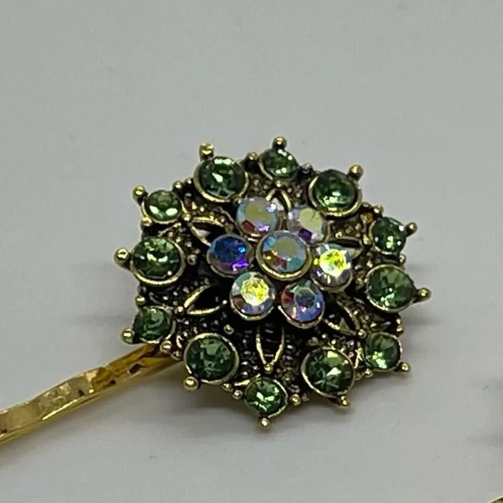 Handmade Green Iridescent Rhinestone Gold Set Hair Clips HoCo Fairy Jewelry NWT